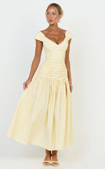 Saphira Midi Dress - Off Shoulder Plunge Frill Hem Dress in Lemon