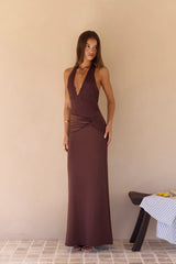 Seaside Glow Halter Maxi Dress Brown