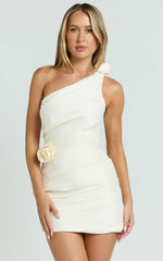 Sheeran Mini Dress - One Shoulder Rose Gathered Dress in Cream