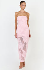 Sienna Midi Dress - Strapless Floral Embroidered Bodycon Dress in Pink