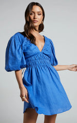 Amalie The Label - Khaila Linen Plunge Puff Sleeve Mini Linen Dress - In Blue