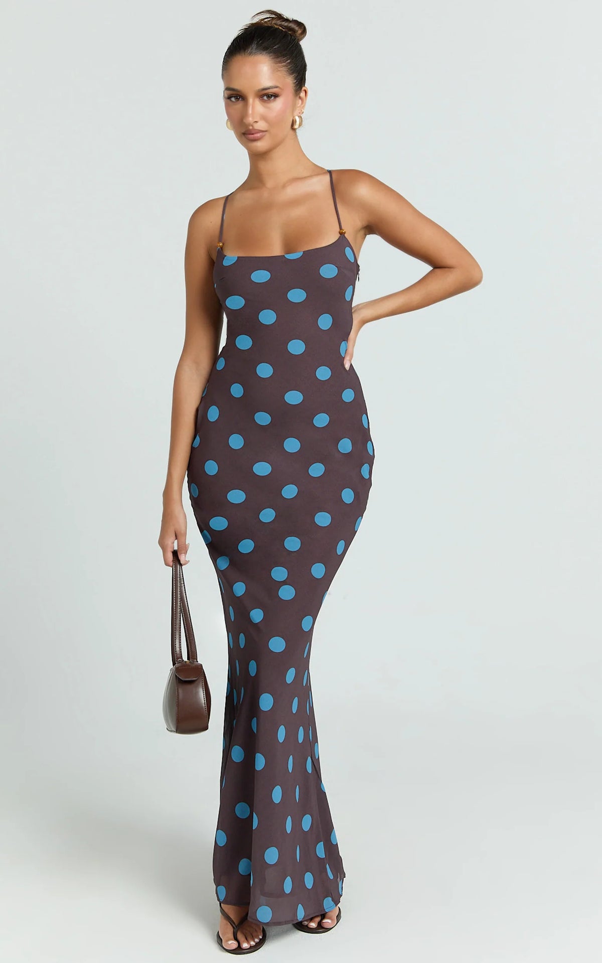 Krishna Maxi Dress - Strappy Scoop Neck Floral Placement Print Georgette Dress in Polka Dot Print