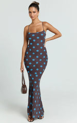 Krishna Maxi Dress - Strappy Scoop Neck Floral Placement Print Georgette Dress in Polka Dot Print
