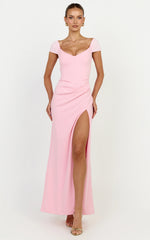 Malibu Maxi Dress - Off Shoulder High Split Dress in Pink