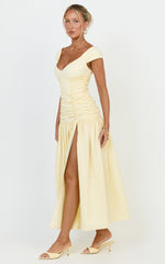 Saphira Midi Dress - Off Shoulder Plunge Frill Hem Dress in Lemon