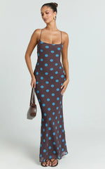 Krishna Maxi Dress - Strappy Scoop Neck Floral Placement Print Georgette Dress in Polka Dot Print