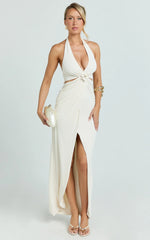 Cleo Maxi Dress - Halter Neck Floral Trim Cut Out Fitted Dress in Ivory