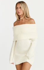 Erin Mini Dress - Cable Knit Off Shoulder Long Sleeve Dress in Cream