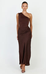 Astrid Midi Dress - One Shoulder Contrast Satin Dress in Chocolate