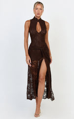 Nyla Midi Dress - Collared Keyhole Hip Tie Dress in Chocolate