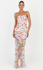 Sienna Maxi Dress - 3D Floral Strapless Column Dress in Multi