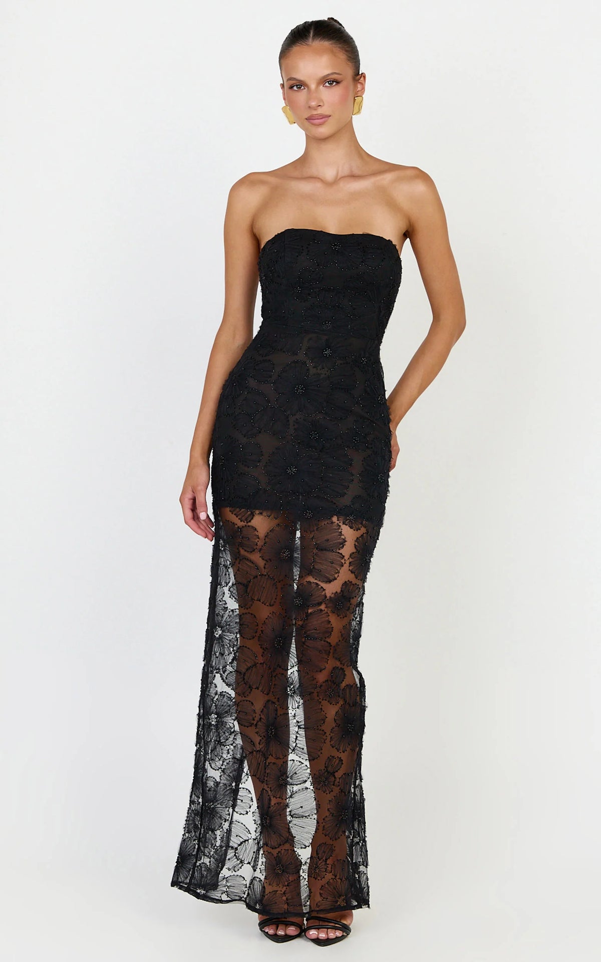 Lima Maxi Dress - Strapless Floral Embellished Column Dress in Black