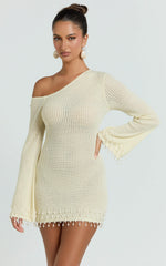 Izira Mini Dress - Knit One Shoulder Long Sleeve Pearl Bead Dress in Ivory