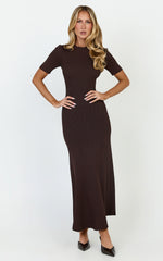 Lanie Midi Dress - Knitted Crew Neck Short Sleeve Dress in Chocolate