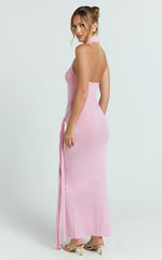 Berkley Maxi Dress - Knit Turtle Neck Tie Waist Dress in Pink
