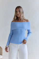 Dreamwave Off Shoulder Knit Top Blue