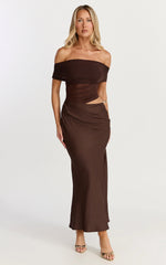 Zuri Midi Dress - Cut Out Draped Shoulder Dress in Chocolate