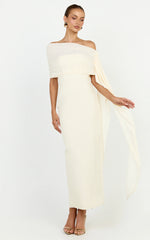Elina Maxi Dress - Off Shoulder Contrast Mesh Draped Overlay Dress in Cream