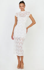 Emma Midi Dress - Lace Cap Sleeve Bodycon Dress in White