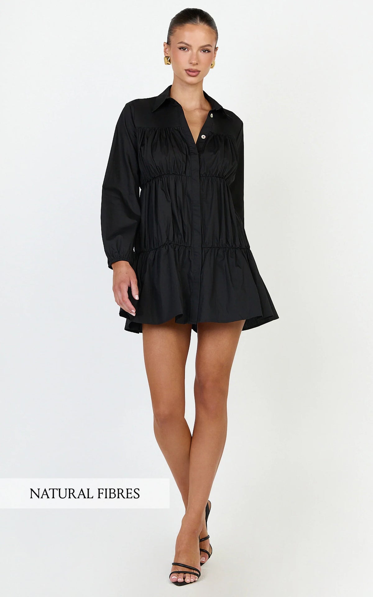 Elodie Mini Dress - Button Down Ruched Tiered Smock Dress in Black