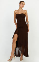 Oceana Maxi Dress - Strapless Sweetheart Neckline Mesh Dress in Chocolate
