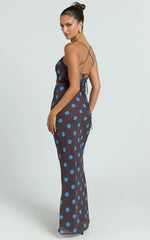 Krishna Maxi Dress - Strappy Scoop Neck Floral Placement Print Georgette Dress in Polka Dot Print