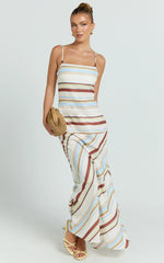 Yurika Maxi Dress - Square Neck Stripe Print Slip Dress in Choco Retro Stripe