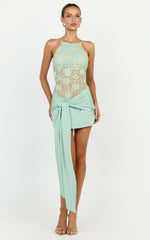 Nerissa Mini Dress - Crochet Floral Embellished High Neck Wrap Tie Skirt Dress in Sage