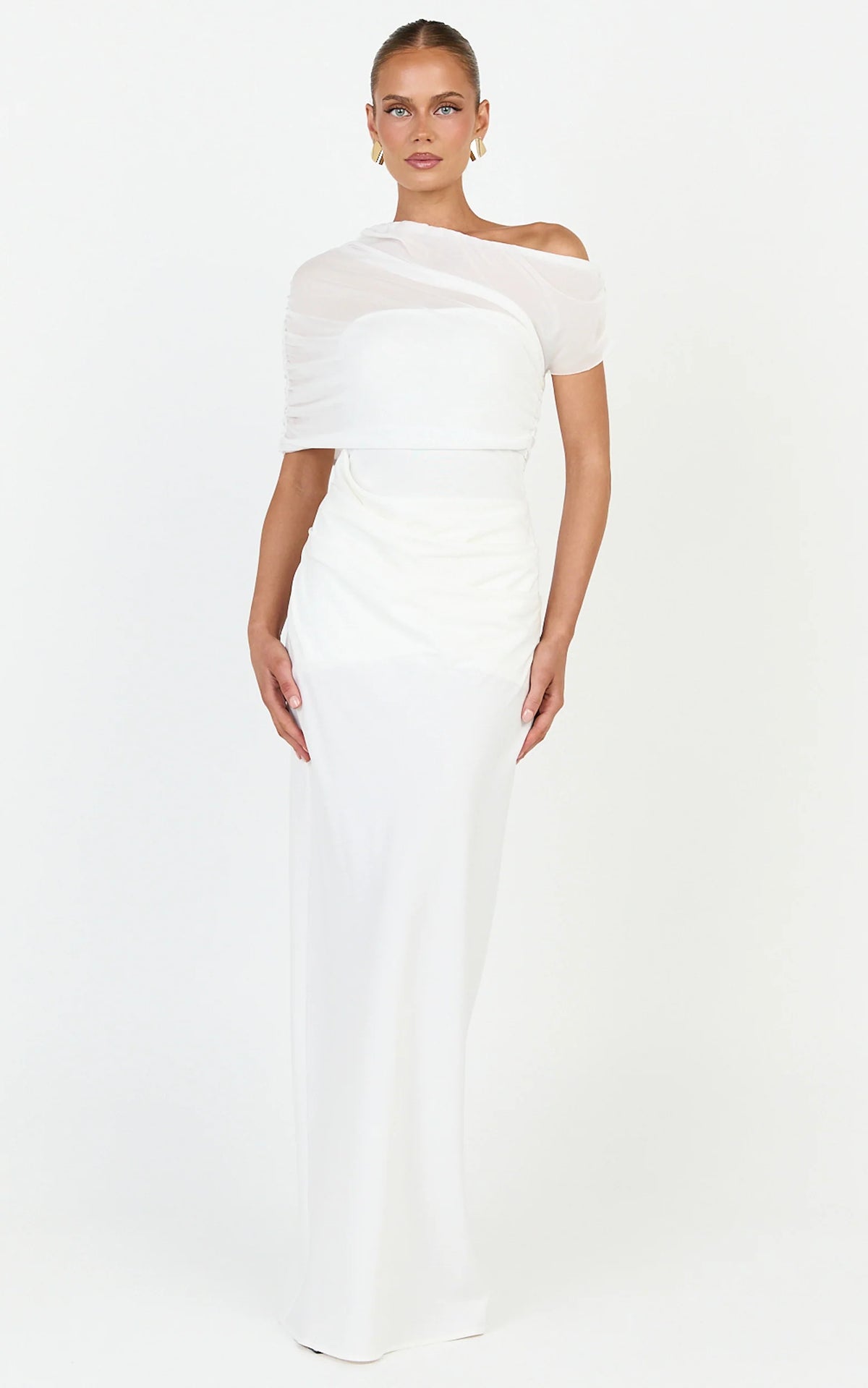 Nami Maxi Dress - Overlay Off Shoulder Draped Cowl Waist Dress in White