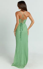 Jameela Maxi Dress - Strappy Sweetheart Neck Gathered Tie Back Dress in Green
