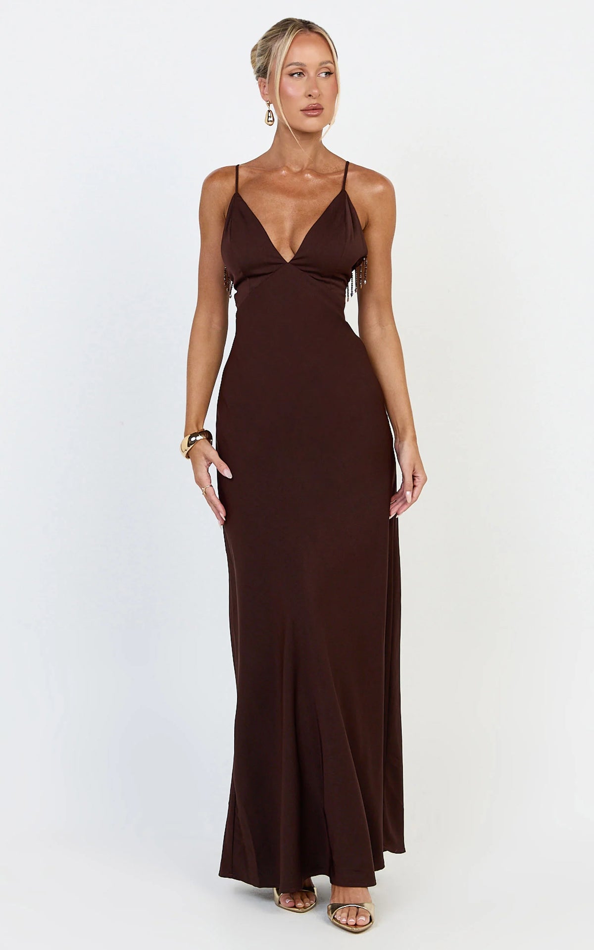 Azura Maxi Dress - Backless Beaded Trim Dress in Chocolate