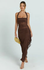 Almarie Midi Dress - Halter Neck Mesh Dress in Chocolate