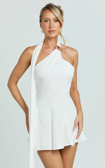Dottie Mini Dress - Scarf Halter Neck Hardware Detail Panelled Fit And Flare Dress in White