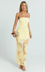 Sienna Midi Dress - Strapless Floral Embroidered Bodycon Dress in Lemon