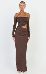 Tallulah Maxi Dress - Off Shoulder Long Sleeve Side Ruched Cut Out Dress in Chocolate