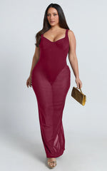 Laney Maxi Dress - Mesh Sweetheart Neck Bodycon Dress in Wine