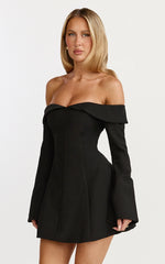 Collette Mini Dress - Off Shoulder Long Sleeve Godet Flare Dress in Black