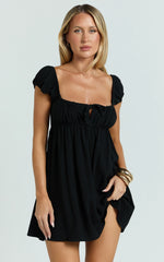 Brooks Mini Dress - Puff Sleeve Front Tie Babydoll Dress in Black