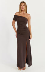 Opal Maxi Dress - Off Shoulder Gathered Bodice Fit And Flare Dress in Dark Chocolate