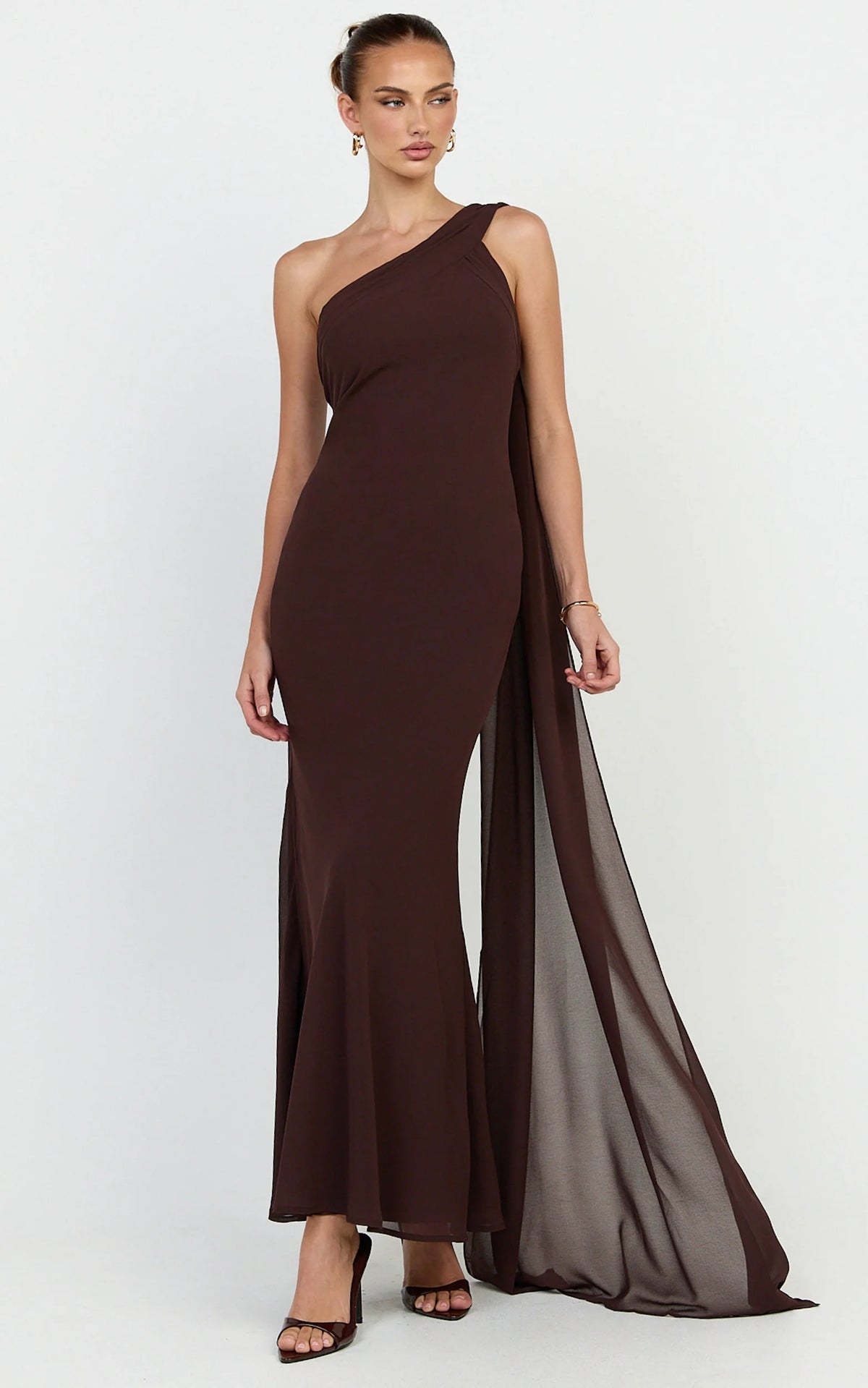 Carmilla  Maxi Dress - One Shoulder Scarf Dress in Chocolate
