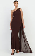 Carmilla  Maxi Dress - One Shoulder Scarf Dress in Chocolate