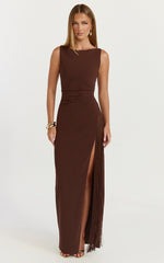 Joanne Maxi Dress - Scoop Neck Fringe Dress in Chocolate