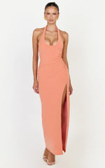 Ruby Maxi Dress - Halter Scoop Neck Low Back Bodycon Dress in Coral