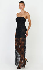 Lima Maxi Dress - Strapless Floral Embellished Column Dress in Black