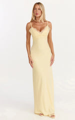 Kyra Maxi Dress - Lace Bust And Tie Back Satin Dress in Lemon