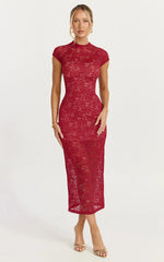 Emma Midi Dress - Lace Cap Sleeve Bodycon Dress in Wine