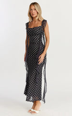 Rosha Midi Dress - Ruffle Strap Dress in Black Polkadot