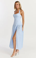Nyx Midi Dress - Halter Neck Drop Waist Dress in Blue