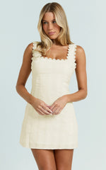 Sylvia Mini Dress - Square Neck Lace Trim A Line Mini Dress in Yellow