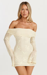 Raymond Mini Dress - Off Shoulder Long Sleeve Fitted Dress in Lemon